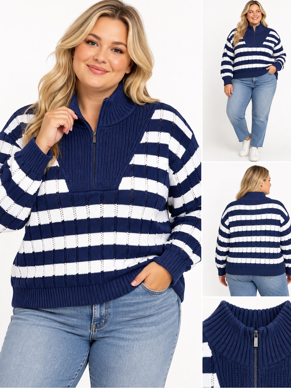 A New Day Women’s 3X Plus Size Navy White Striped Quarter Zip Knit Sweater cozy